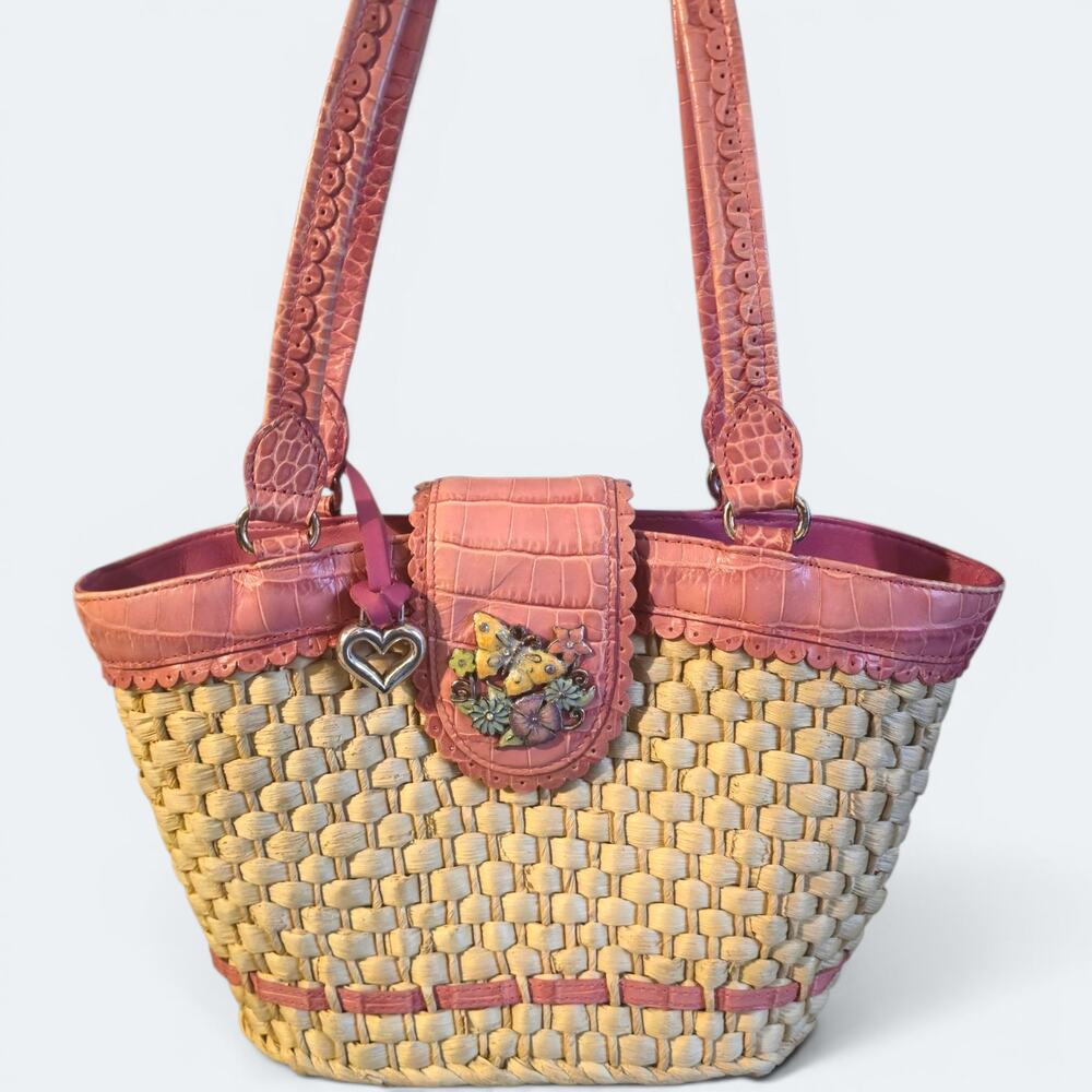 Brighton Woven Straw Bag Pink Leather Trim Butterfly Purse